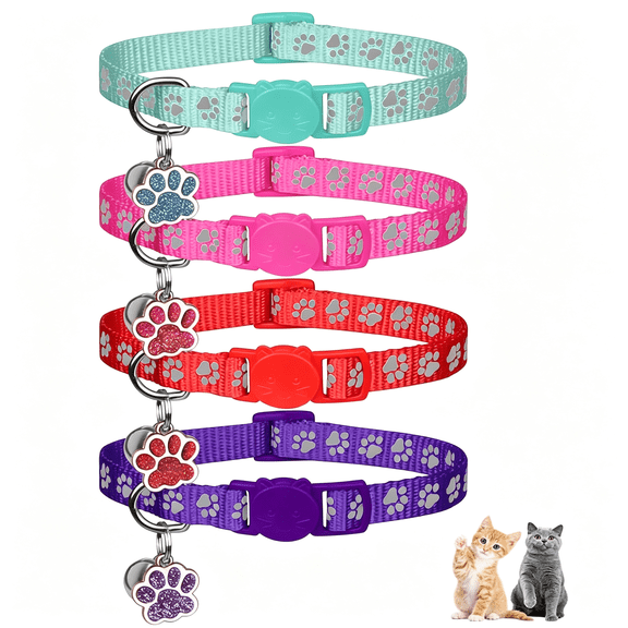 GASTROPOD 4Pcs Breakaway Cat Collars,Reflective Cat Collar with Bells,Kitten Collars for Boy&Girl Cats Breakaway Collar for Cats with Paw Pendant 6-9 Inch(Purple Hotpink Red Teal)