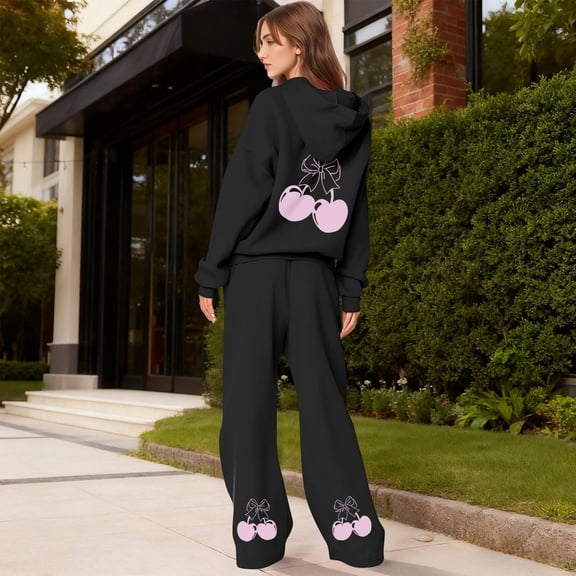 Cherry Sweatpants Set for Women Cherry Sweat Set for Women Women's 2 Piece Outfits Cherry Trim Print Hoodie Sweatsuit Sets Oversized Sweatshirt Wide Leg Sweatpants With Pockets, Black-L