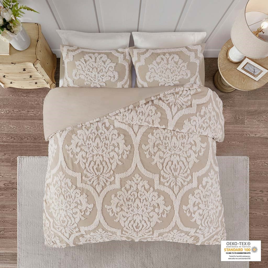 Witaxima King/Cal King 3 Piece Tufted Cotton Chenille Damask Duvet Cover Set, Multicolor, 104x92 Inches, Machine Washable
