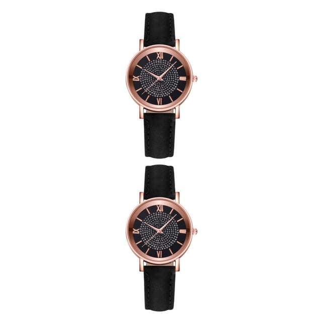 relayinert Accurate And Elegant Women Fashion Rhinestones Watch Analog Display Quartz Wrist Watch Easy-to-read black 2Set