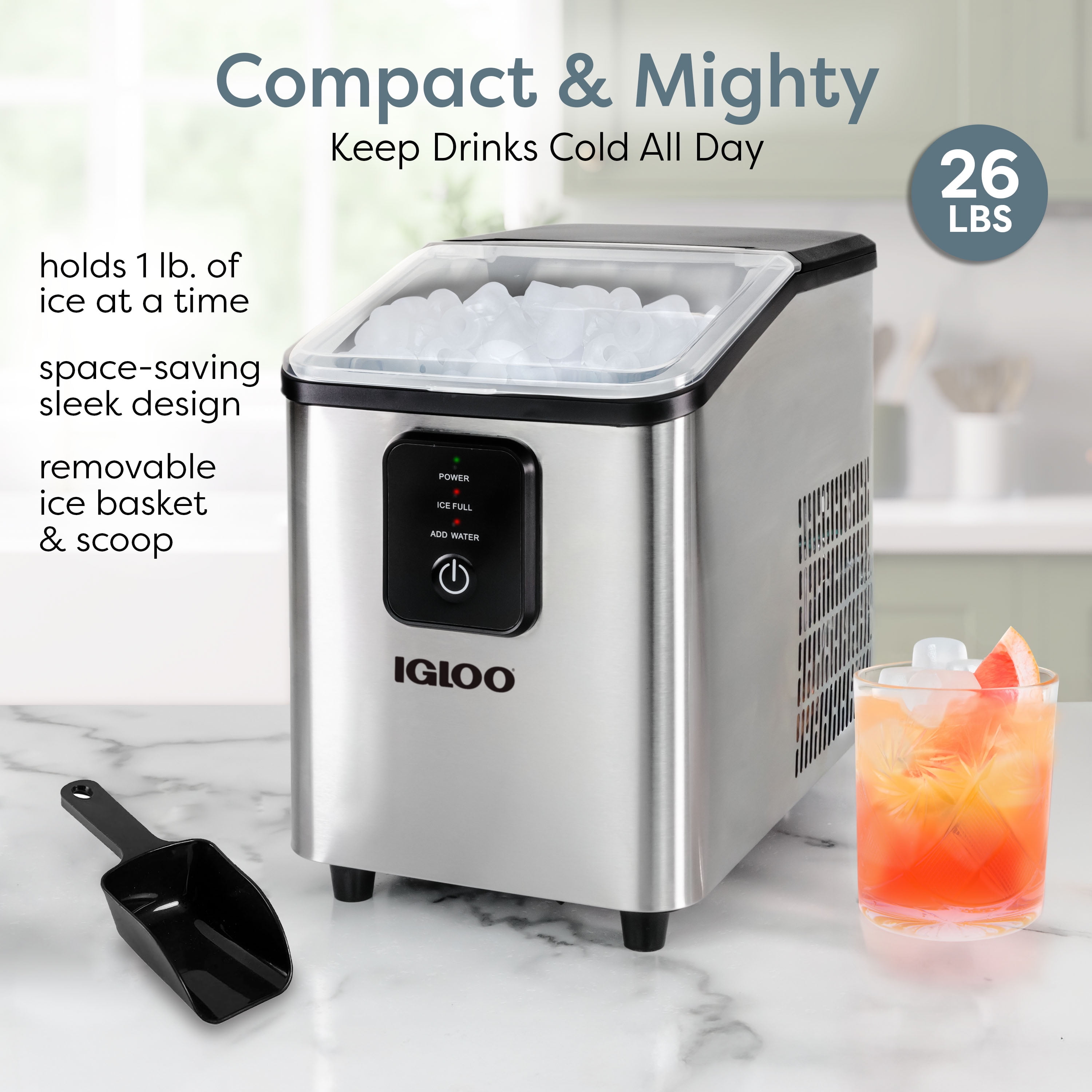 Igloo Self-Cleaning Countertop Ice Maker - Compact and Portable - Creates 26 lbs. Per Day, 8 Pieces Ready Every 7-8 Minutes - Includes Ice Scoop and Basket - Stainless Steel