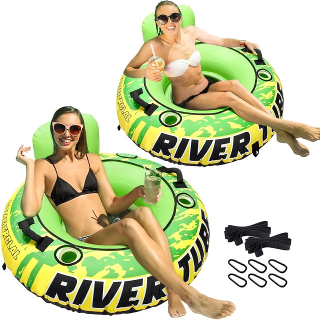 53" Heavy Duty River Tube for Floating with Canvas Cover, Tubing Floats for Lake Pool, Inflatable Water Tube for Floating with Cup Holders Handles Headrest, River Raft Carry 300lb of Adults
