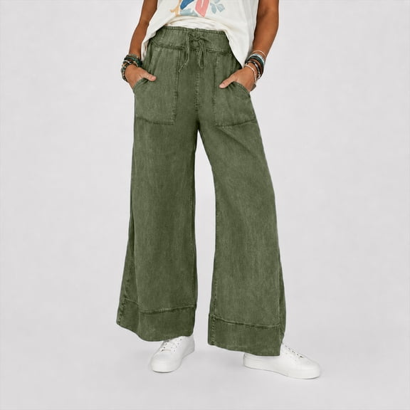 Women's Loose Fit Acid Wash Wide Leg Pants Drawstring Elastic Waist Casual Trousers with Front Patch Pockets