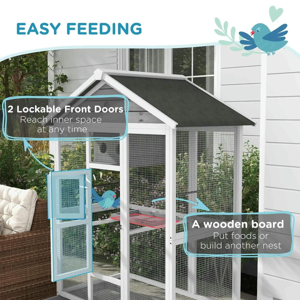 Barara King Bird Cage, Bird Habitat Small Animal Travel Cage,64.5" Wooden Bird Cage Aviary, Flight Cage with 4 Perches, Nest and Slide-Out Tray, Gray
