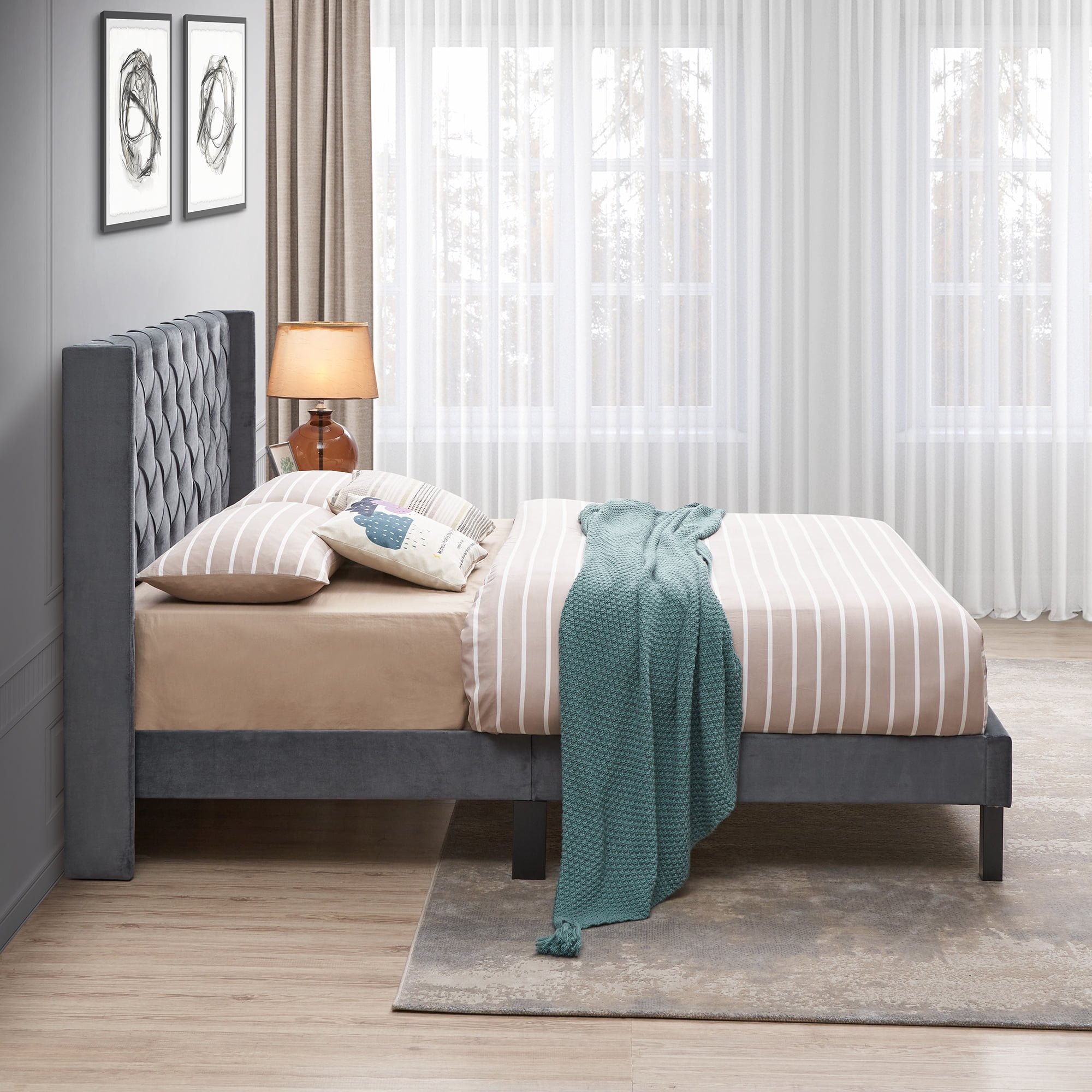 Gewnee Queen Size Upholstered Velvet Platform Bed - Tufted Wing Design, Strong Wood Slat Support, Easy Assembly for Bedroom