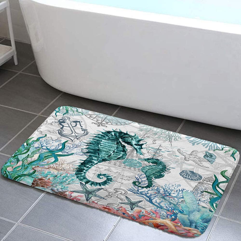 Nautical Coastal Bath Mat for Bathroom, Fish Ocean Animal Seashell