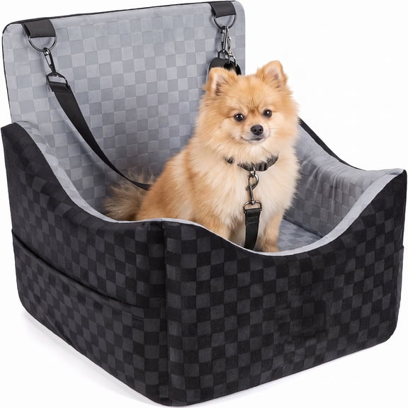 Behome Dog Car Seat for Small Medium Dogs, Dog Booster Car Seat with 4” Elevated Thick Cushion, Travel-Safe Pet Bed with Safety Belts & Storage Pockets,Black Gray