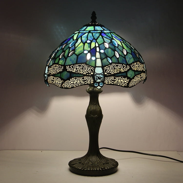 levang Tiffany Style Table Lamp Sea Blue Stained Glass Dragonfly Style