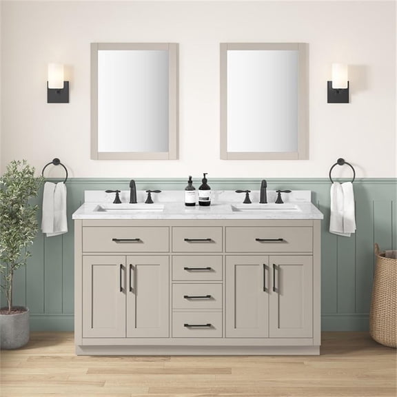 Pemberly Row 60" Greige Vanity with Top and Matte Black Hardware