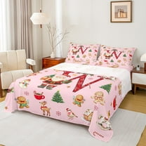 Manfei Red Initial W Letter Full Size Sheets, Kawaii Cartoon Santa Claus Bed Sheets, Christmas Reindeer Sheet Sets, Luxury Bedroom Decor, 4pcs