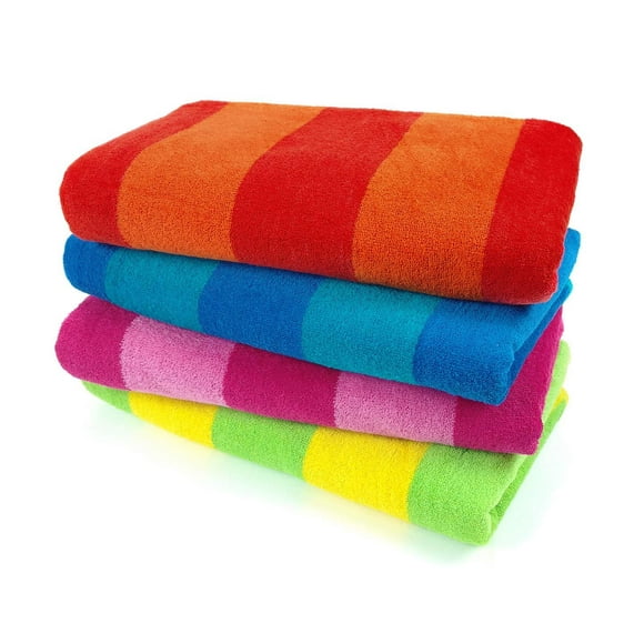 Kaufman – 100% Cotton Velour Striped Beach & Pool Towel 4-Pack – 30in x 60in Orange, Turquoise, Pink, Lime