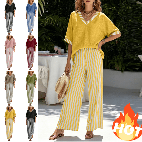 Mifsaly 2 Piece Travel Outfits for Women Contrast V Neck Short Sleeve Top and Striped Wide Leg Pants Lightweight Casual Vacation Everyday Wear Matching Lounge Clothes Yellow,S