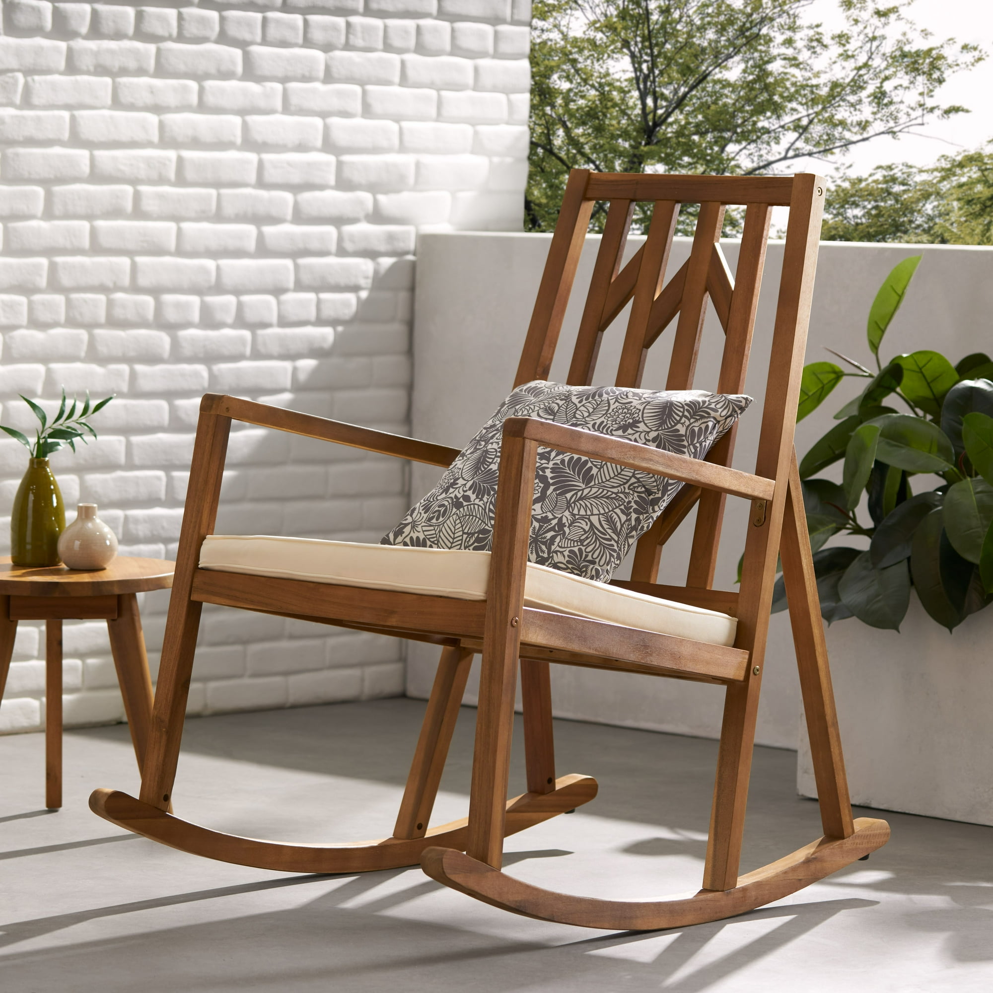 Outdoor Teak Rocking Chair Acacia Wooden Rocker with Cushion Ideal for Porch Patio and Backyard Durable and Weather Resistant Walmart