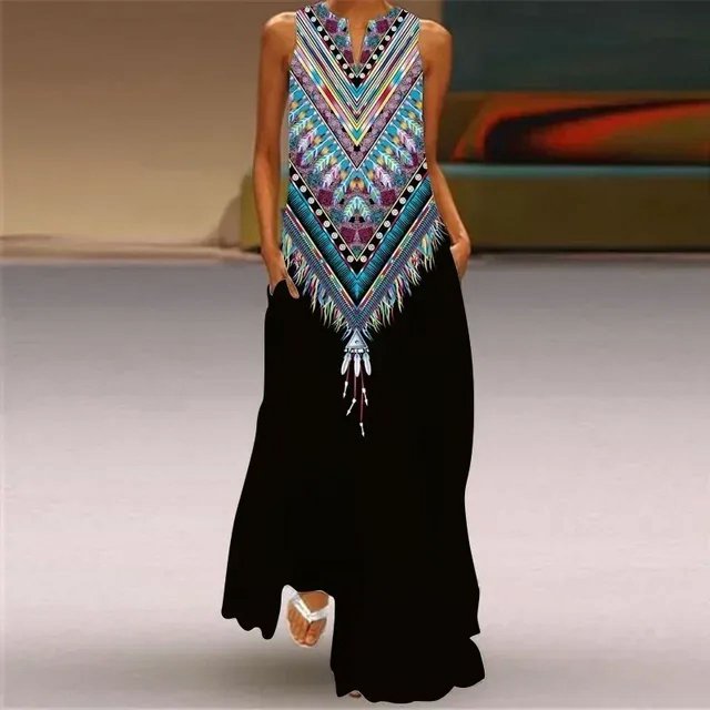 JUNWELL Femmes Été Boho vintage maxi Robe Femmes Poche en Vrac casual Imprimer A-Ligne Robes