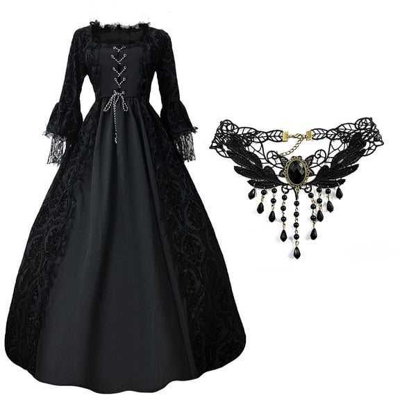 Victorian Gothic Ball Gown Dress with Lace Details & Choker Necklace - Renaissance Inspired Evening Dress