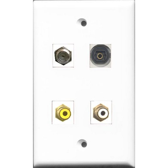 RiteAV 1 Port RCA White and 1 Port RCA Yellow and 1 Port Coax Cable TV- F-Type and 1 Port Toslink Wall Plate