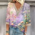 thumbnail image 2 of Birdeem Blouses pour Femmes T-Shirt d'Été Imprimé à Enfiler Col en V Dentelle Manches 3/4, 2 of 12