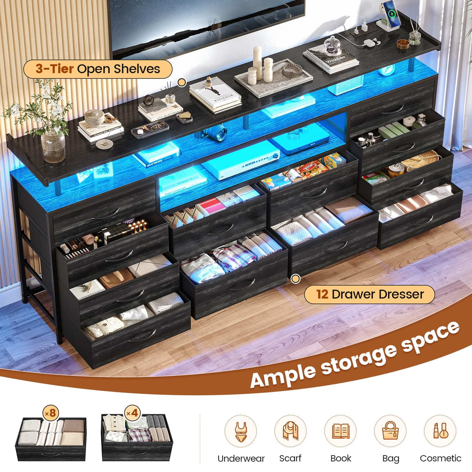 Afuhokles 12 Drawers TV Stand Dresser for 65/70 inch TV with LED Light, Entertainment Center with LED Lights and Power Outlets, 63" TV Console Table for Bedroom, Black