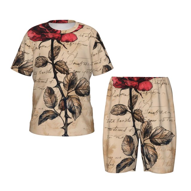 Fotbe Vintage Rose Botanical Art Pijama Estampada de 2 Piezas para Niños – Ropa de Dormir de Manga Corta Cómoda para Niños y Niñas, Camiseta y Shorts de Algodón-Medium