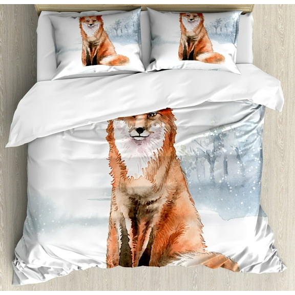 Fox Duvet Cover Set, Fine Art Winter Design Watercolor Drawing of Animal, Decorative 3 Piece Bedding Set with 2 Pillow Shams, Queen Size, Blue Grey Burnt Orange, by Ambesonne