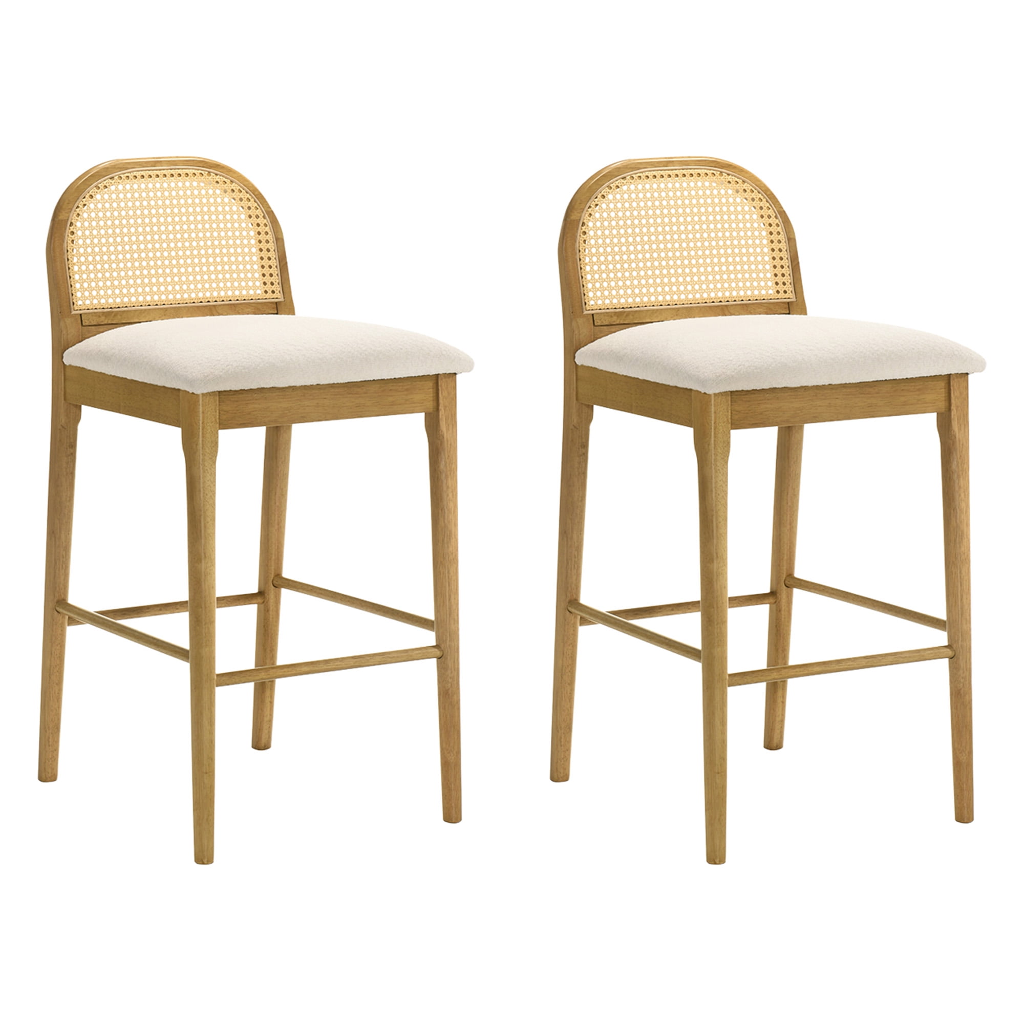 Lucio Modern Farmhouse Wood Bar Height Kitchen Bar Stool in Amber Glow Finish with White Boucle Fabric Upholstered Seat - Set of 2