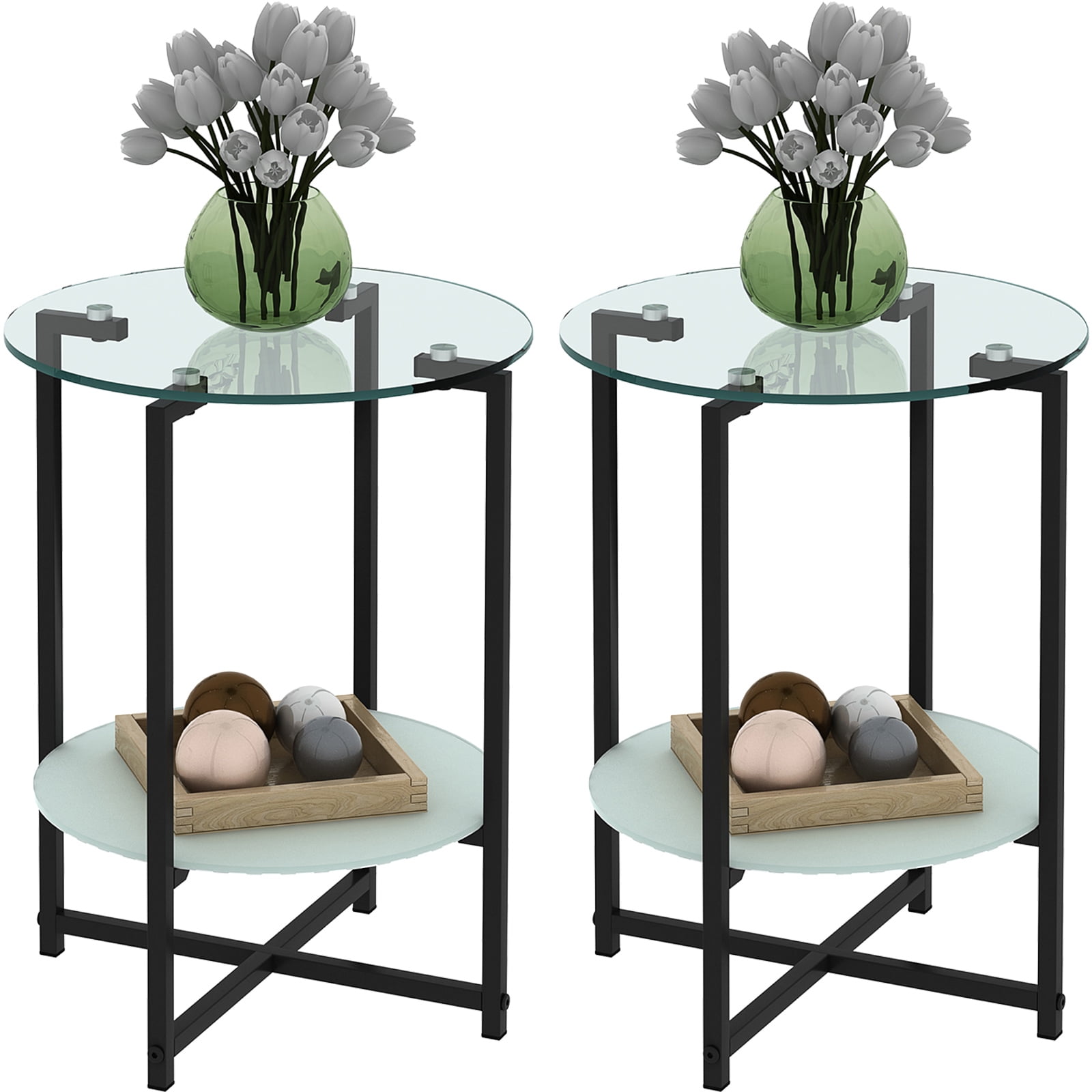 Glass Round End Tables Living Room Set of 2, Small Round Table, Black ...