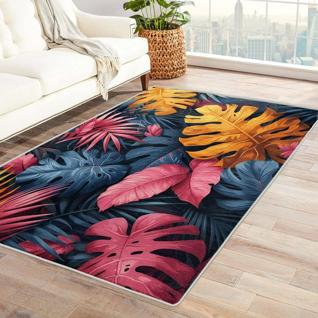 Tropical Leaf Rug Indoor - Washable Rugs Tropical Leaves Rug & Home Decor, 2x3 Area Rug, Monstera Palm Leaf Rugs for Entryway, Non Slip Small Indoor Door Mat, Hawaiian Carpet & Room Decorations