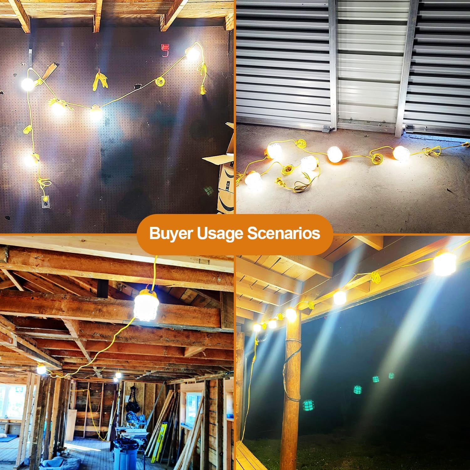 50ft LED Construction String Lights, 75W 7500LM Super Bright LED String Work Lights, Construction Temporary Lights (50ft-5lights)