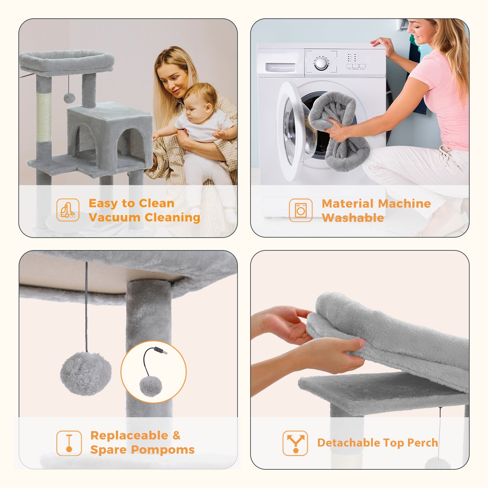 Pefilos 44" Cat Tree Tower for Indoor Cats, 5-Level Cat Condo with Large Hammock, Big Top Perch and 4 Sisal Covered Scratching Pos, Gray