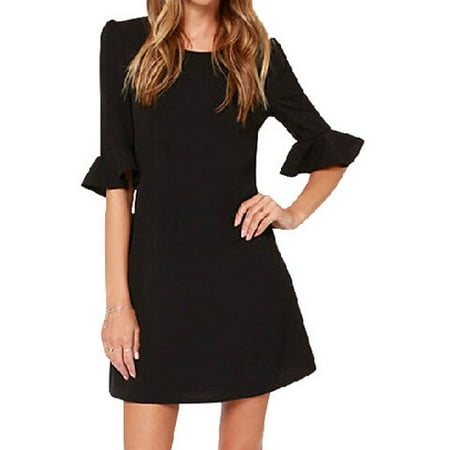 - Formal Elegant Chic Scoop Neck Flared Sleeves Black Mini Dress For Women