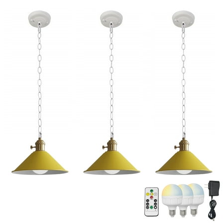 

FSLiving No Wiring Needed Ceiling Light with Rechargeable Battery Operated RGB LED Bulb Dimmable Timing Pendant Light with Macaron Yellow Metal Shade & 3.2ft Iron Chain for Balcony Kitchen - 3 Lights