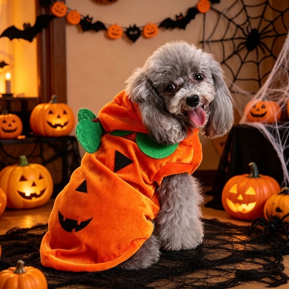 Aoznliie Dog Clothes, Halloween Pumpkin Furry Outfit for Small Dogs, 11x17 inch Pet Costume for Halloween Party Decoration, Orange