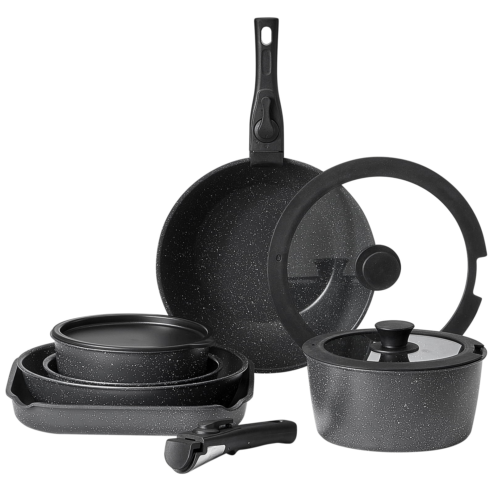 KFFKFF 17-Item Cookware Set, Granite Nonstick with Removable Handles, Compact Induction-Compatible Kitchenware, Ideal for RV Kitchens, Includes Fry, Sauce, Saute Pans, Tempered Glass Covers