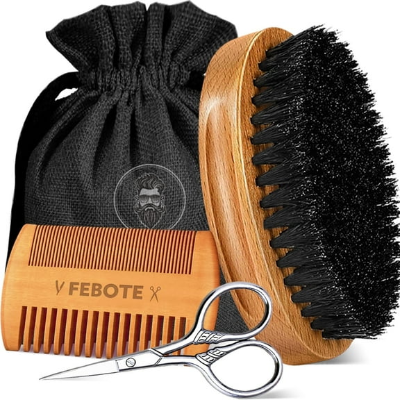 Beard Brush & Comb Grooming Kit for Men – Includes Scissors & Travel Bag – Unique Gift for Him