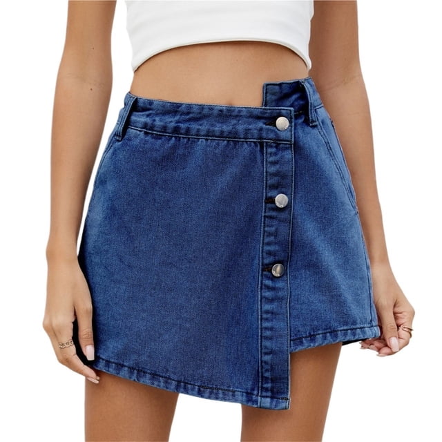 Pantalones cortos de mezclilla asimétricos casuales con falda pantalón de mezclilla de talle alto con botones delanteros for mujer