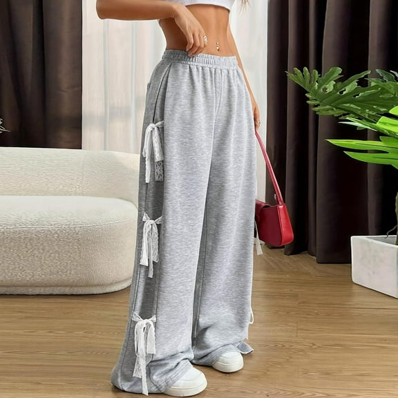 Brondbend Women’s Joggers Sweat Pants for Womens Elastic Waist Side Lace up Solid Color Pocket Workout Pants Loose Fit Fall Winter Outdoor Running Fitness Athletic Trousers,Gray
