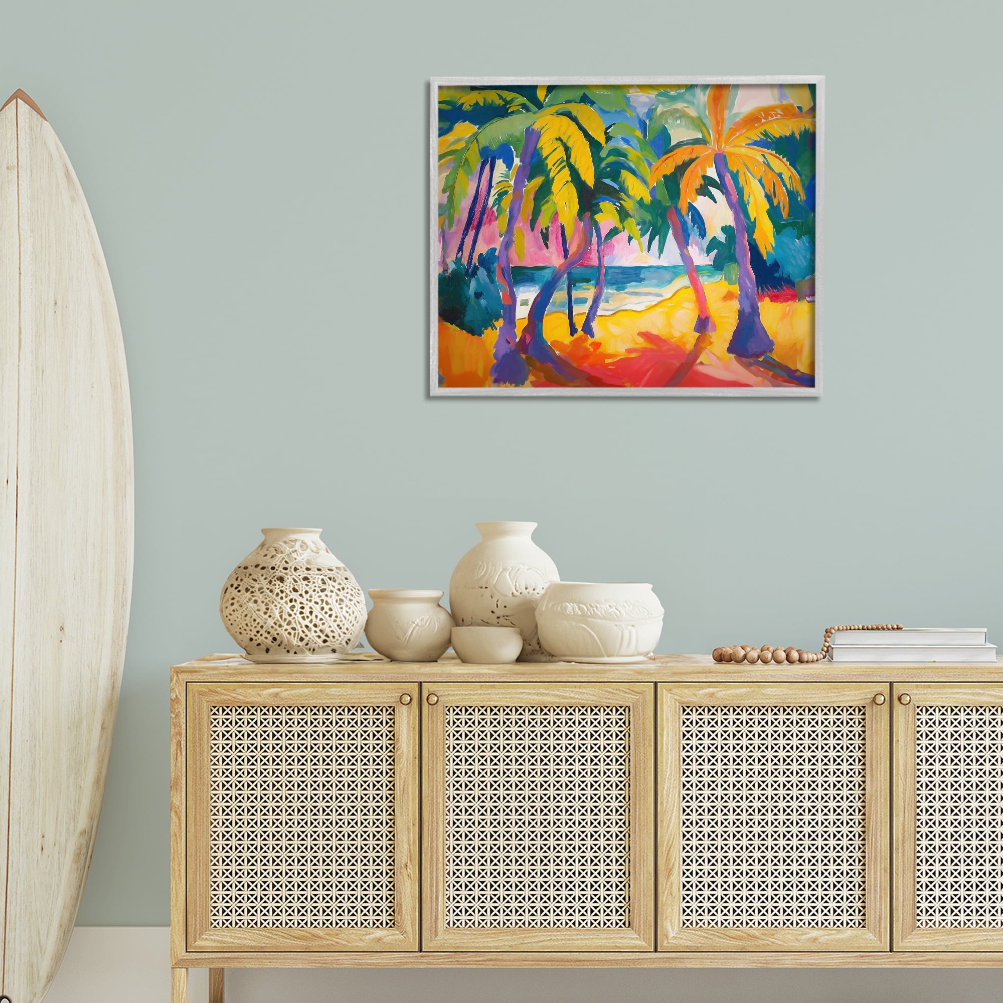 Stupell Industries Tropical Palm Paradise Coastal Painting Gray Framed Art Print Wall Art, 30 x 24