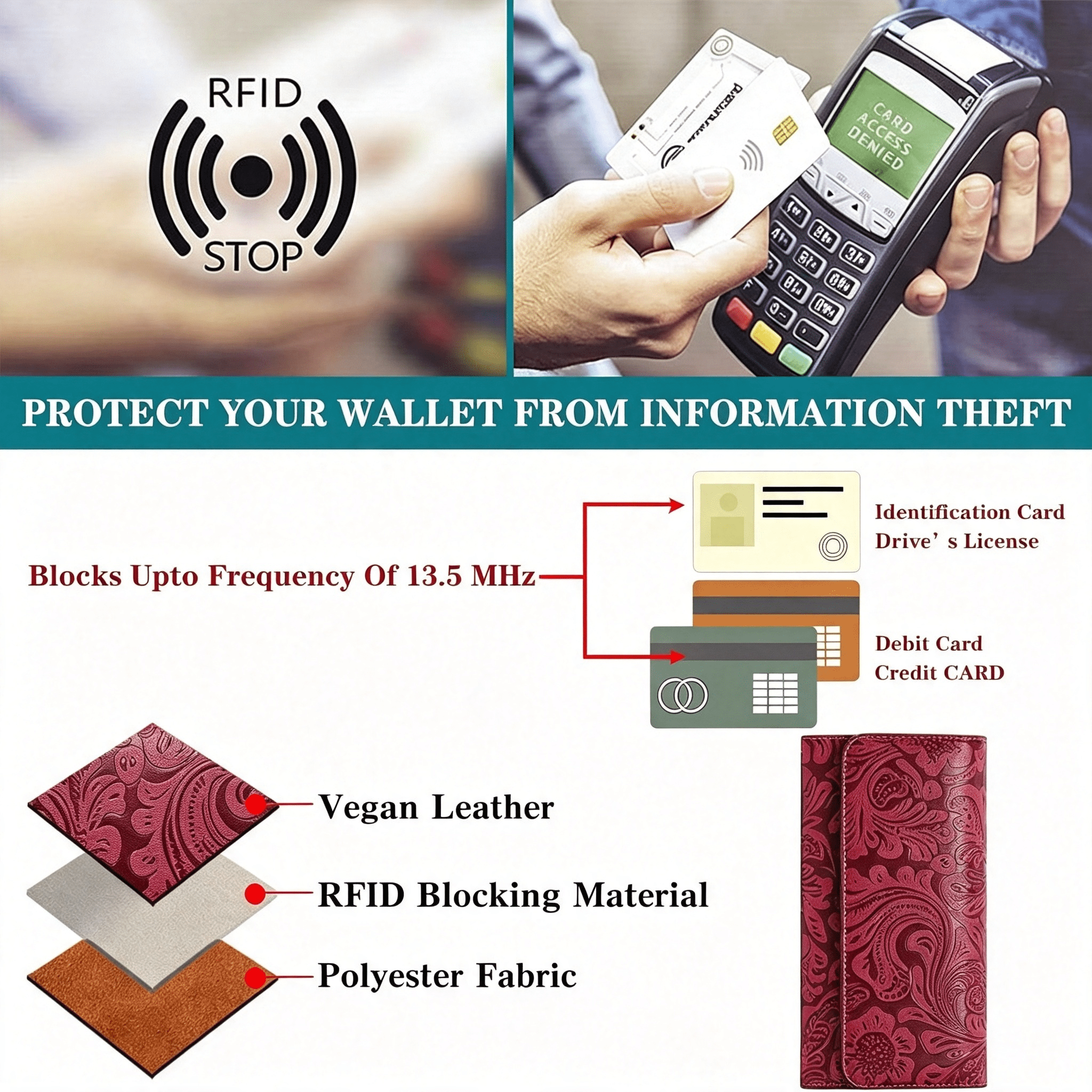GASTROPOD Leather Wallets for Women Rfid Blocking Western Clutch Red | Embossed Design,Trifold,Large Billfolds,Vintage Flower,Ladies Purses with Zipper Coin Pocket