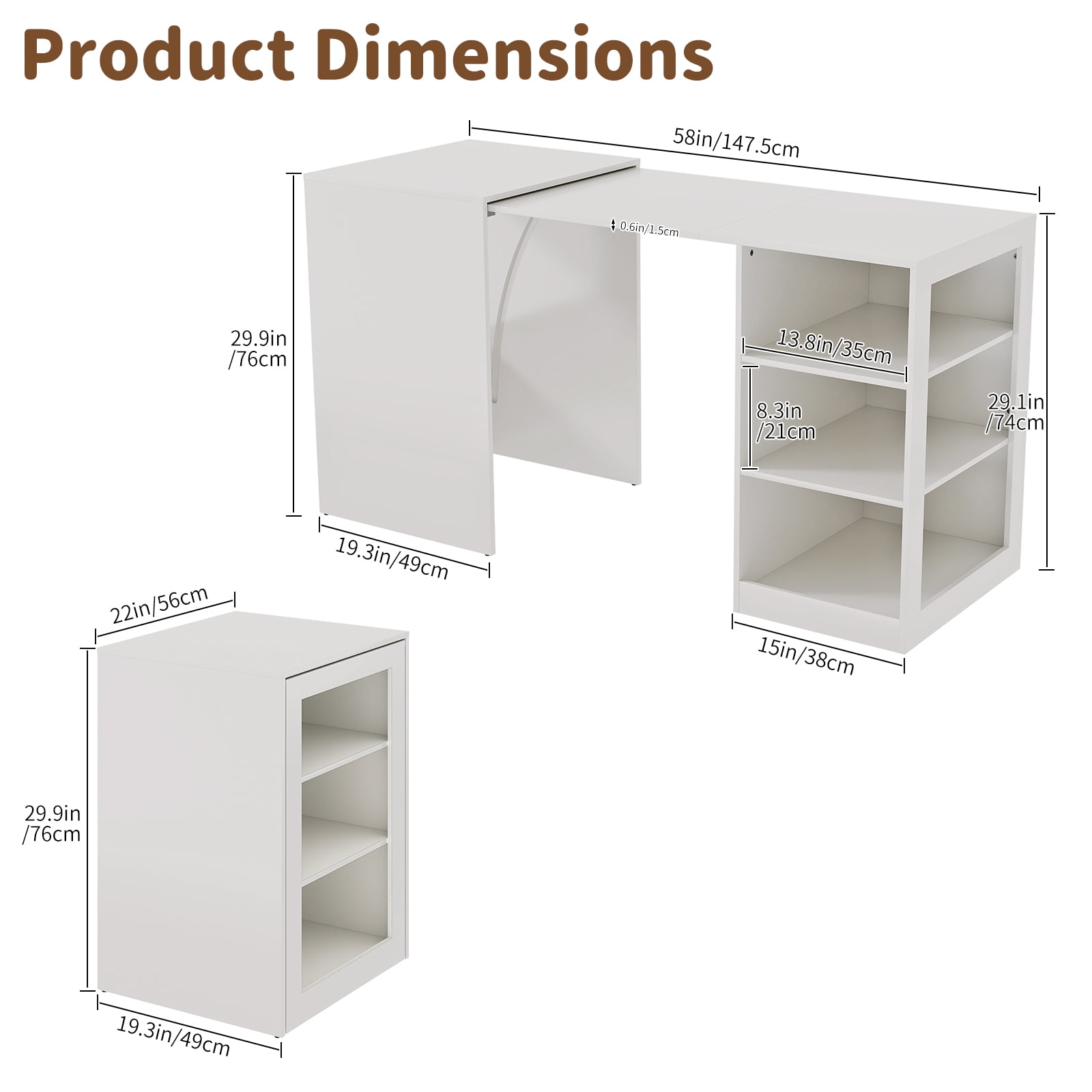 3-Tier Foldable Desk with Wheels, Multipurpose Rolling Computer Table for Home Office, Space-Saving Pull Out Desk for Small Spaces, Kitchen, Bedroom, White