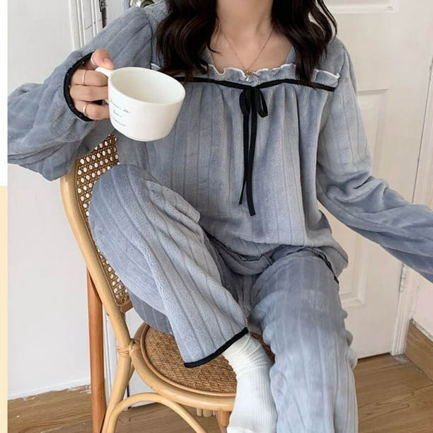 Square Collar Women Pajamas Set Winter Sleepwear Fleece Velvet 2