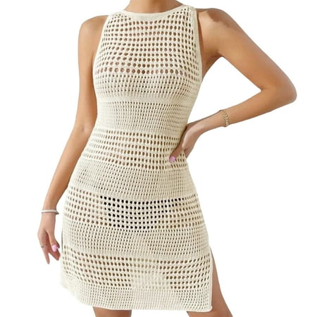 Yunliwuli Women Bikini Cover-Ups Solid Color See-Through Hollow-Out Crew Neck Sleeveless Beach Knitted Dress Swimwear Sunscreen Cover Up