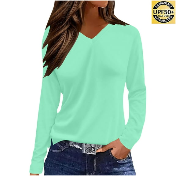 Uoodti Women's Long Sleeve V Neck Cotton T Shirts Casual Color Solid Relaxed Tops Basic Tees Gift