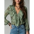 thumbnail image 3 of Women Vintage French‑Style Chiffon Printed Blouse, Deep‑V Neck Ruffle‑Sleeve Summer Vacation Tops, 3 of 9