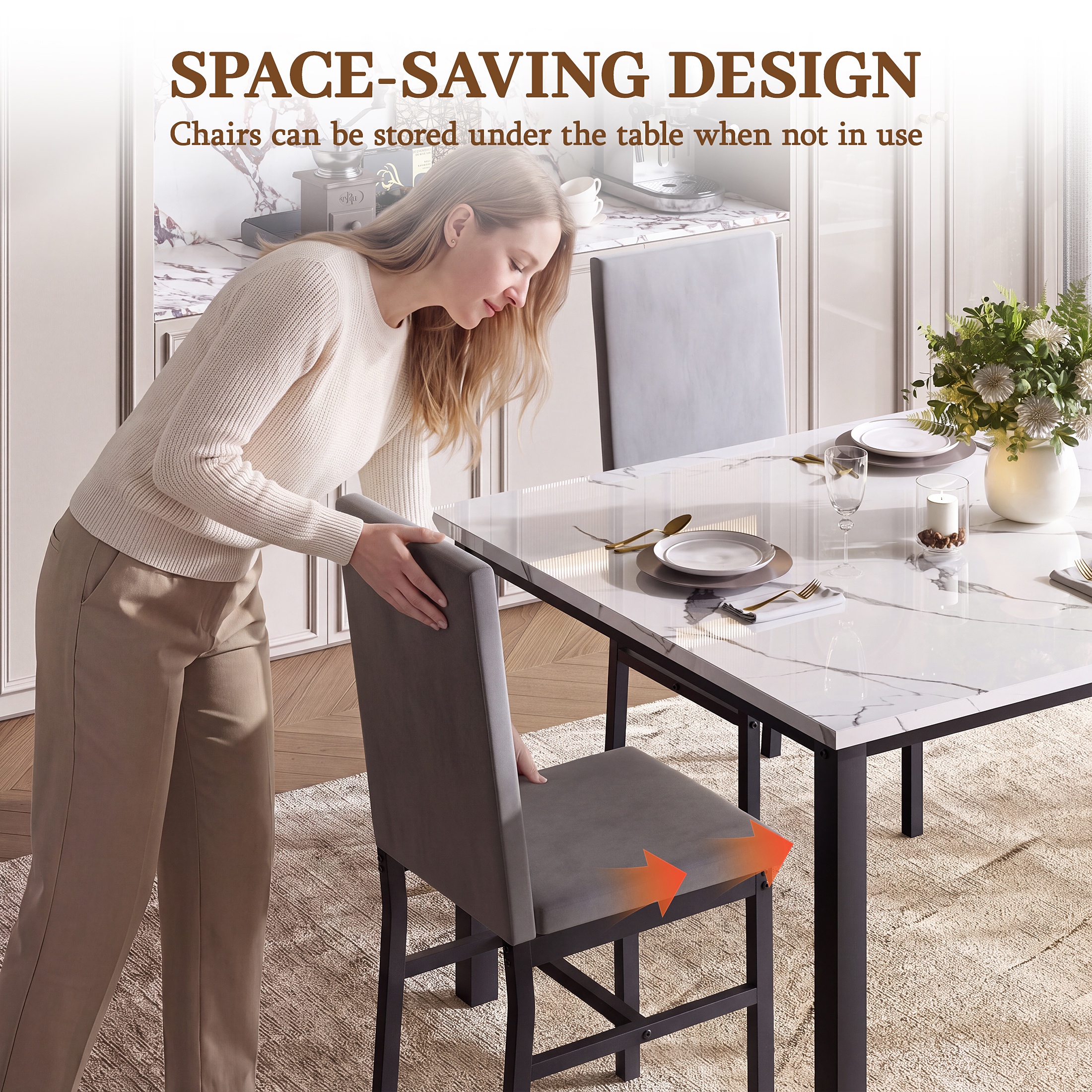 uhomepro 5-Piece Dining Table Set, Faux Marble, Gray Chairs photo 5