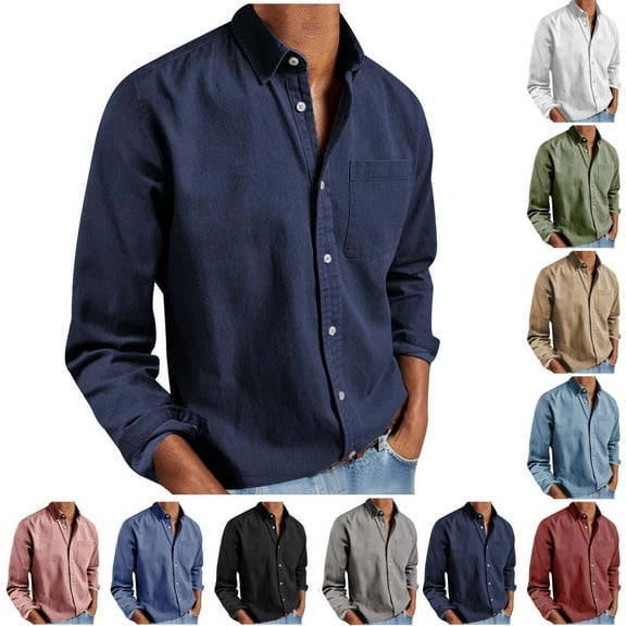 Wiicoznt Long Sleeve Shirts for Men Loose Fit Solid Color Casual V Neck Button Down Shirts Comfortable Work Out T Shirts