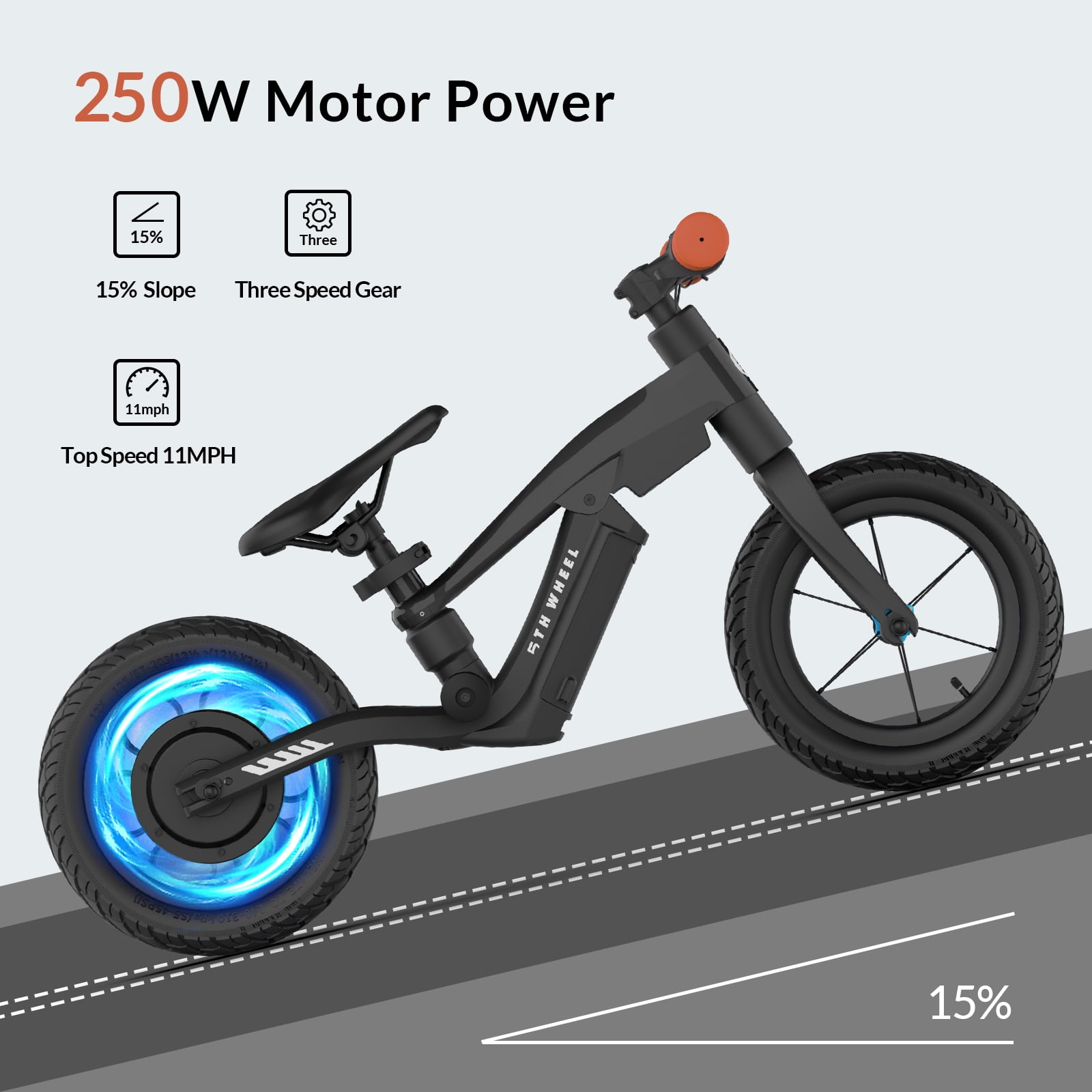 5TH WHEEL KB08 Kids Electric Balance Bike, 250W Motor, 12" Inflatable Tire, 3-Speed Modes, Adjustable Seat, for Ages 3–5 (Black),UL2849