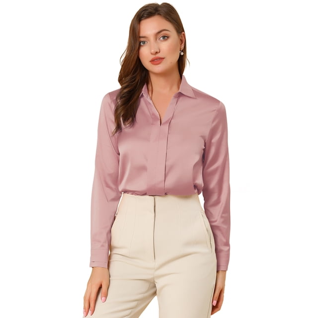 Camisa de trabajo de manga larga con blusa elegante con cuello en V de oficina para mujer Rosa empolvado M INSPIRE CHIC Camisa