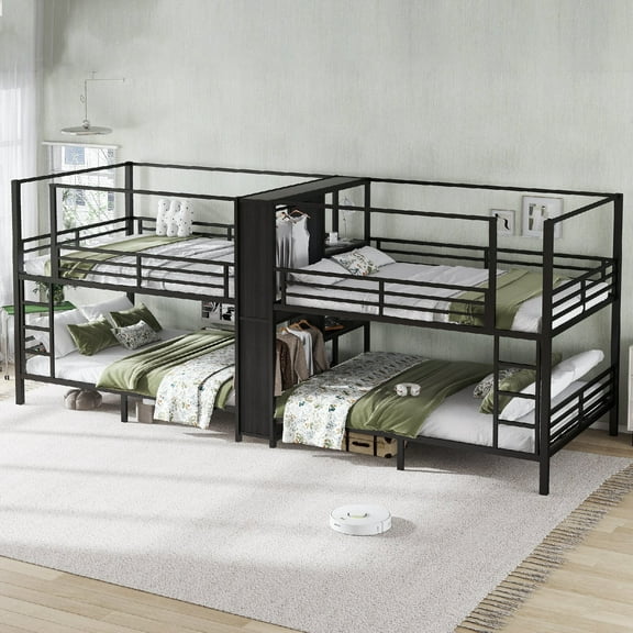 Queen size Quadruple Bunk Bed Frame with Built-in Storage Shelves and Wardrobe, Sturdy Metal Beds Frame with Safety Guard Rails and Ladder for Bedroom, Dorm, Apartment, Mattress Not Included, Black