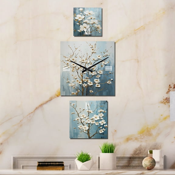 Designart "Peaceful Blue and White Dogwood" Dogwood Extra large Clock For Office Décor - Large Traditional Wall Clock - Oversized White Wall Clock - Set Of 3