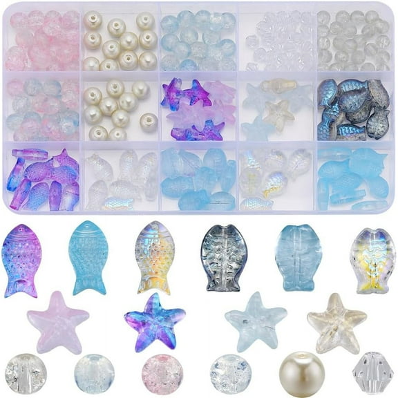 1 Box 250Pcs Style Summer Ocean Glass Beads Bulk Blue Fish Double Sided Purple Starfish Bicone Beads 6mm 8mm Imitation Pearls Spacers for Jewelry Making Kits Multi-color